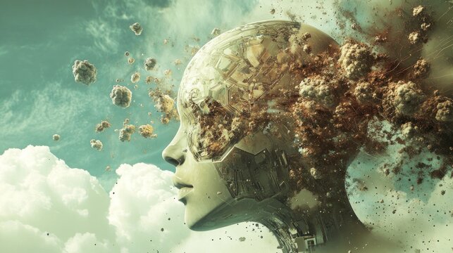 Exploding robotic head, celestial backdrop, digital art, concept art