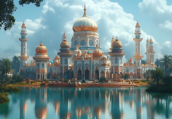 Obraz premium Elaborate Palace with Golden Domes and Towers Reflected in Serene Water, Surrounded by Lush Greenery Under a Blue Sky with Fluffy Clouds
