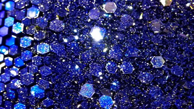Sparkling blue glitter hexagons creating magical shimmering abstract background