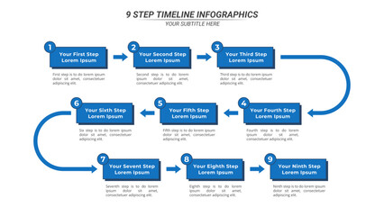 9 Steps Infographic Timeline with Editable Text on a 16:9 Layout for Business Presentation, Poster, Banner and Booklet.