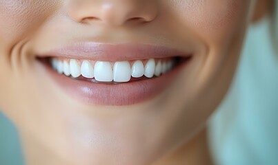 Close up view of healthy white teeth and natural pink lips showing genuine smile against soft blue background, dental care and oral hygiene concept.