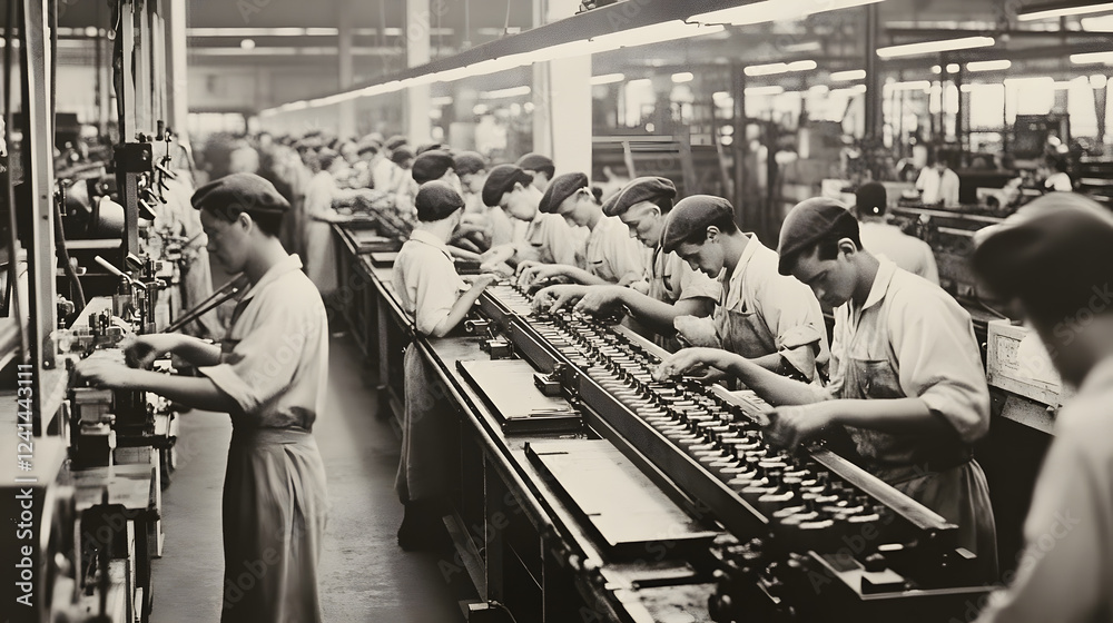 Leinwandbilder Workers operating machinery and equipment on an assembly line in an industrial factory setting  The image depicts the manufacturing process production
