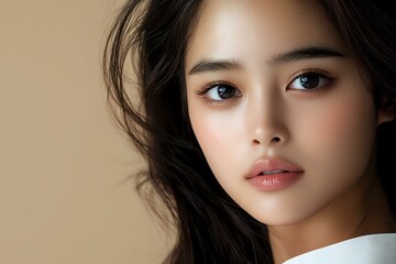 Fototapeta premium Close up portrait of young Asian woman with natural makeup, long dark hair and blue eyes against beige background. Professional beauty and fashion photography.