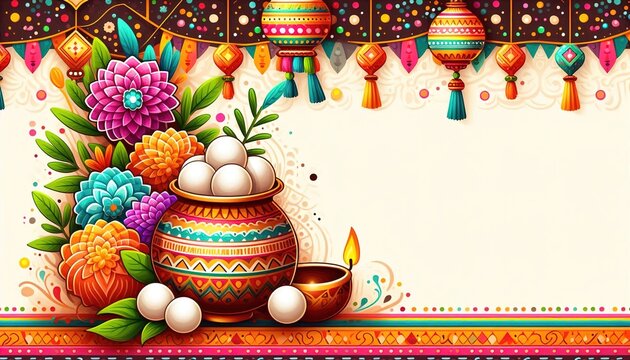 illustration of "Happy Pohela Boishakh" with a colorful traditional Bangladeshi national holiday background and empty space for text.