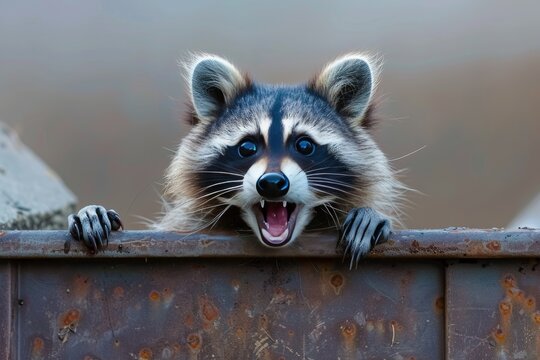 Raccoon rummaging through garbage with a shocked expression