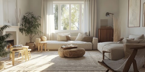 Sunlit Living Room With Neutral Decor And Natural Elements