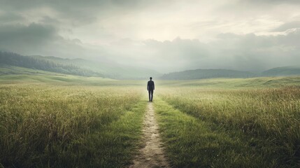 Fototapeta premium Man walks path, misty valley, uncertainty, future