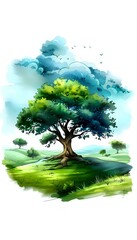 Majestic oak tree on rolling green hills under turquoise sky with flying birds, watercolor style landscape illustration for children book or nature design.