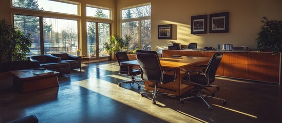 Sunny office meeting room with large windows, outdoor view, and wood furniture