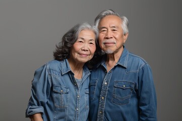 Portrait of a blissful asian couple in their 70s sporting a versatile denim shirt isolated on soft gray background