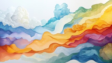 Abstract colorful landscape with flowing waves, soft clouds, and harmonious hues reflecting serene artistic expression