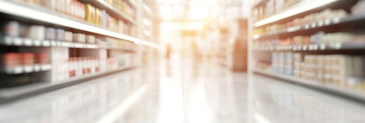Fototapeta premium Blurred Supermarket Interior, Aisles and Shelves, Grocery Store Ambiance