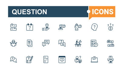 Question lined icons set. Includes thin line support, know, b, exam, think, unknown, element, web. Minimalistic icon. Solid line editable vector illustration.