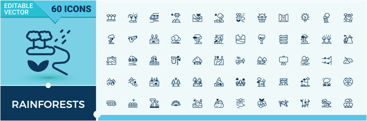 Set of Rainforests line icons. Contains such icons as tree, simple, bundle, garden, plant and more. Collection for mobile and web apps. Solid line editable stroke. Vector line and solid icons.