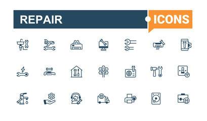 Repair line icons set. Includes icons for auto, repair, tool, assistance, element, recovery, ai and more. Minimalistic icons. Editable vector outline and solid icons.