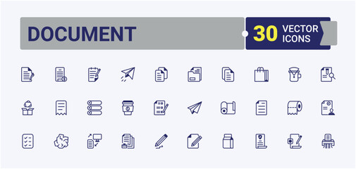 Set of Document line icons. Related to business, form, copy, text, fly, note, list, pen. Perfect for logos and infographics. Vector line and solid icons.