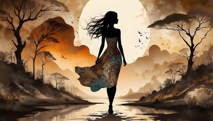 Fantasy Gemälde - Sepia Orange - Silhouette einer Frau