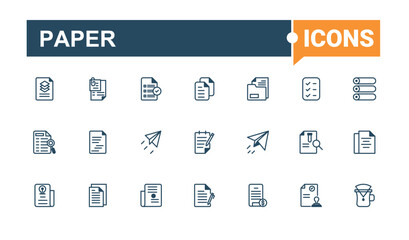 Paper icons set in linear style. Related to draw, wing, form, search, paper and more. Outline icon. Solid line editable stroke. Vector line and solid icons.