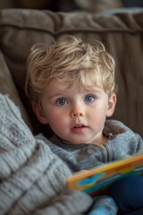 Naklejka premium Little reader immersed in a book on a soft couch. Selective focus.