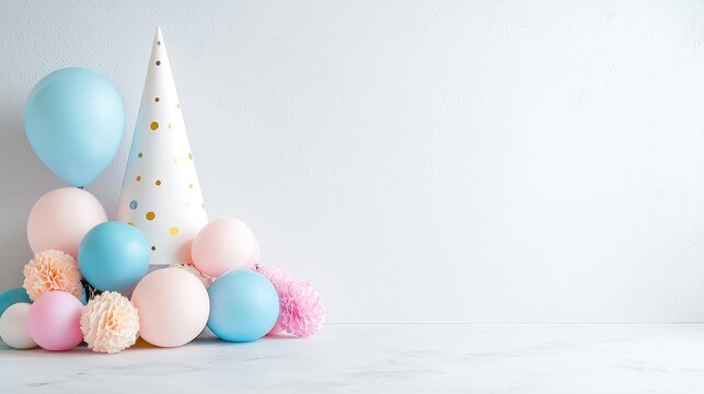 Pastel balloons, party hat, cake smash backdrop