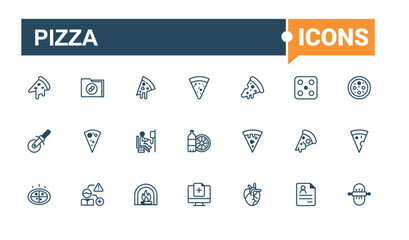 Pizza minimal icon set. Includes icons for graphic, eat, pepperoni, restaurant, burger, menu. Thin outline icons pack. Editable vector outline and solid icons.