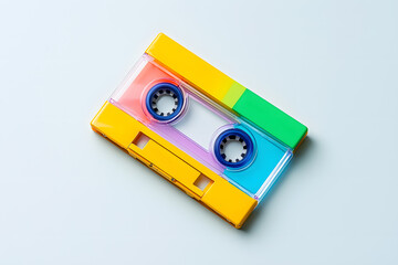 3d stereo cassette. Bright retro vintage audio tape with music record isolated on white