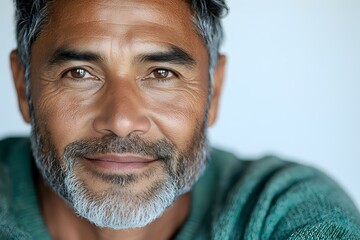 Close up portrait of mature Hispanic man with gray hair and beard wearing green sweater smiling warmly at camera against light background.