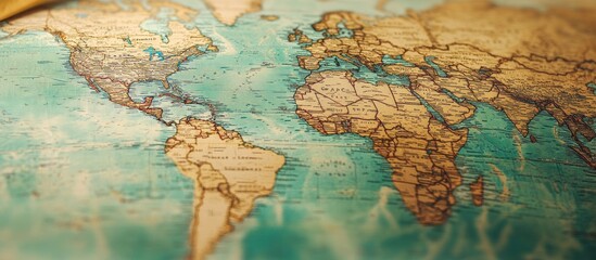 Vintage world map detail, close-up, textured surface, global travel concept