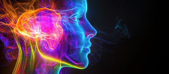 Fototapeta premium Colorful energy flows from a woman's head, dark background, mind, design