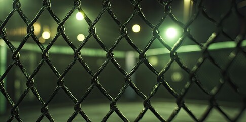 Fototapeta premium An MMA or mixed martial arts octagon, enclosed by a fence, is lit up at night