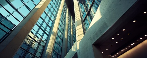 Obraz premium Modern building atrium, sunlight through glass, city backdrop, corporate interior