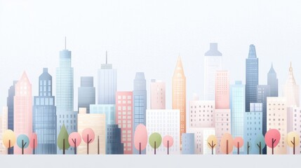 Fototapeta premium Colorful Minimalist Cityscape Illustration with Buildings and Trees in a Contemporary Style