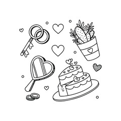 Valentine's Day Doodle Det, Wedding Rings and Heart-Shaped Cake

