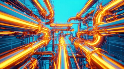A vibrant, abstract depiction of glowing pipes in a futuristic environment, showcasing dynamic movement and industrial design elements.