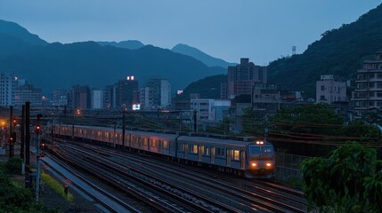 Fototapeta premium Twilight commuter train departs mountain city