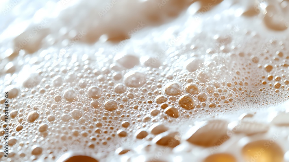 Poster macro shot of light brown foam bubbles with soft focus creating abstract pattern. golden sunlight ad