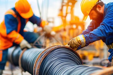 Two construction workers in hard hats manage heavy steel cables on a job site, showcasing teamwork and safety in industrial settings.