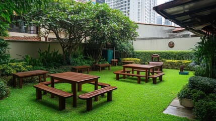 Obraz premium Serene Garden Patio with Wooden Tables and Lush Greenery