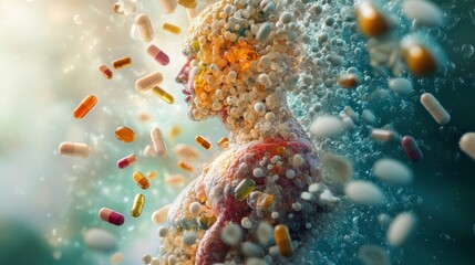 Muscular man dissolving into pills, bubbles, and light; healthcare concept