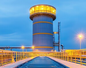 A towering industrial structure illuminated at night, surrounded by walking paths and machinery, set against a twilight sky.