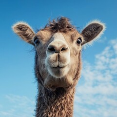 Obraz premium A stunning camel portrait with a clear blue sky backdrop accentuating its features.