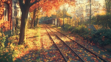 Autumnal train tracks, residential street, leaves, sunlight, postcard