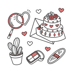 Valentine's Day Doodle Det, Wedding Rings and Heart-Shaped Cake
