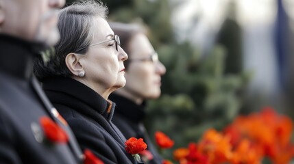 Somber Commemoration Event with Three Individuals Paying Tribute Surrounded by Poppies in a Reflective Atmosphere