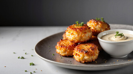 Elegant conch fritters with creamy dip on modern plate, gourmet delight