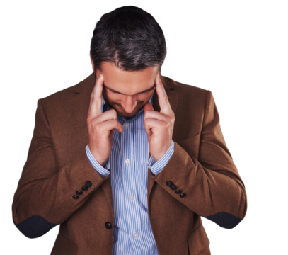 Business, man and headache with stress, burnout and employee isolated on transparent background. Person, entrepreneur or consultant with a migraine, mistake and crisis with png, brain fog and anxiety