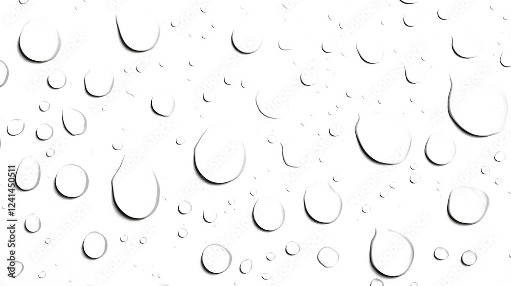 Poster Stunning close up of individual water droplets suspended against a pristine white backdrop creating a minimalist elegant and tranquil visual composition