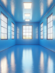 Obraz premium Bright blue room with large windows, reflecting floor, and ceiling lights.
