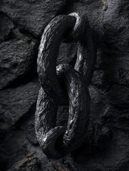 Dark, textured chain links against a rough, black stone background.