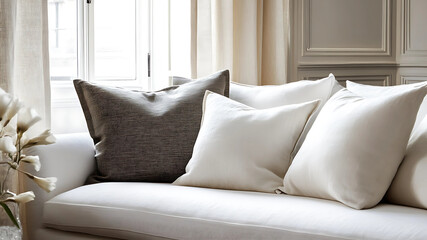 Obraz premium A plush white fabric sofa sits gracefully in a serene living space, exuding comfort and sophistication. The soft textures and neutral tones create a calm, inviting atmosphere perfect for relaxation.